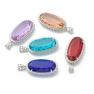 Transparent Faceted Glass Pendants, with Brass Micro Pave Clear Cubic Zirconia Findings, Oval, Platinum, Mixed Color, 49x27x12mm, Hole: 9x4.5mm(ZIRC-I050-04P)