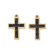 Ion Plating(IP) 304 Stainless Steel Pendants, Synthetic Turquoise Dyed Cross Charms, Black, Real 18K Gold Plated, 16.9x11.5x1.8mm, Hole: 1.4mm(STAS-S136-03G)