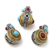 Rack Plating Tibetan Style Alloy 3 Hole Guru Beads, T-Drilled Beads, with Synthetic Turquoise, Gourd, Cadmium Free & Lead Free, Antique Silver & Antique Golden, 18.5x11.5x13.5mm, Hole: 2mm and 1.2mm(FIND-B023-07)