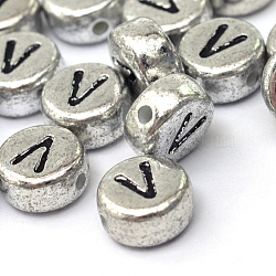 Plated Acrylic Horizontal Hole Letter Beads, Flat Round, Letter.V, 7x4mm, Hole: 1.3mm, about 432pcs/60g(PACR-Q099-03V)