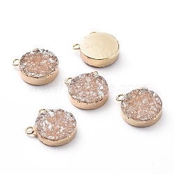 Electroplate Natural Druzy Agate Charms, with Light Gold Plated Brass Findings, Flat Round, 14.5x12x4mm, Hole: 1.7mm(G-L553-52)