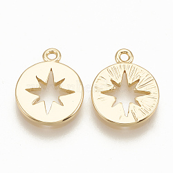 Brass Charms, Flat Round with Star, Nickel Free, Real 18K Gold Plated, 12x9.5x1mm, Hole: 1mm(X-KK-T020-89G)