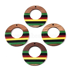 Jamaican Colour Epoxy Resin & Walnut Wood Pendants, Geometric Charms, Flat Round, 37.5x38.5x3.5mm, Hole: 2mm(RESI-N039-122U)