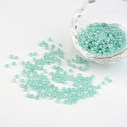 12/0 Ceylon Round Glass Seed Beads, Aqua, Size: about 2mm in diameter, hole:1mm, about 3303pcs/50g(X-SEED-A011-2mm-154)