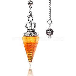 Synthetic Citrine Chip & Resin Dowsing Pendulum Big Pendants, with Platinum Plated Metal Crown, Cone Charm, 300mm(PW-WG89635-13)