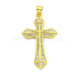 Rack Plating Brass Micro Pave Cubic Zirconia Pendants, Long-Lasting Plated, Cadmium Free & Lead Free, Cross, Real 18K Gold Plated, 35x21x4.5mm, Hole: 3.5x5mm(KK-B091-44G)