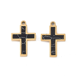 Ion Plating(IP) 304 Stainless Steel Pendants, Synthetic Turquoise Dyed Cross Charms, Black, Real 18K Gold Plated, 16.9x11.5x1.8mm, Hole: 1.4mm(STAS-S136-03G)