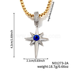 Vintage Retro Style Starburst Evil Eye Star Brass Cubic Zirconia Pendant Necklaces for Parties, Platinum, 23.62 inch(60cm)(QO1430-2)