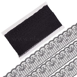 Polyester Lace Trim, Single Wavy Eded Lace Ribbon, Flower Pattern, Black, 2 inch(50mm), about 30 yards/card(OCOR-WH0071-035B)