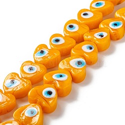 Handmade Evil Eye Lampwork Beads, Heart, Orange, 14.5~15x15.5~16x6.5~7.5mm, Hole: 1~1.6mm, about 25pcs/strand, 14.02~13.66 inch(34.7~35.6cm)(LAMP-F021-02F)