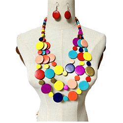 Ethnic Style Wood Flat Round Beaded Multilayer Necklaces & Dangle Earrings Sets, Colorful, 580mm(WG19BD2-01)