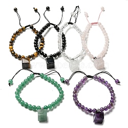 Natural Mixed Stone Charm Bracelet, Braided Adjustable Bracelet, Cube, Inner Diameter: 2-1/4~2-5/8 inch(5.7~6.8cm)(BJEW-G687-02A)