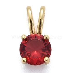 Brass Micro Pave Cubic Zirconia Pendants, Real 18K Gold Plated, Long-Lasting Plated, Flat Round, Red, 13.5x7x5mm, Hole: 6x2mm(KK-P192-04-G02)