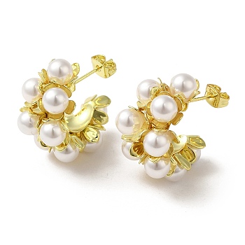 Brass Stud Earrings, with ABS Plastic Pearl for Women, Real 18K Gold Plated, 26x15mm