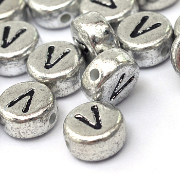 Plated Acrylic Horizontal Hole Letter Beads, Flat Round, Letter.V, 7x4mm, Hole: 1.3mm, about 3600pcs/500g