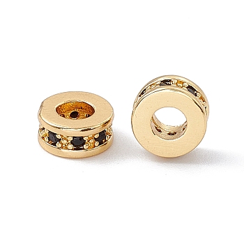 Brass Spacer Beads, with Jet Rhinestone, Flat Round, Real 18K Gold Plated, 7x3~3.7mm, Hole: 3.4mm