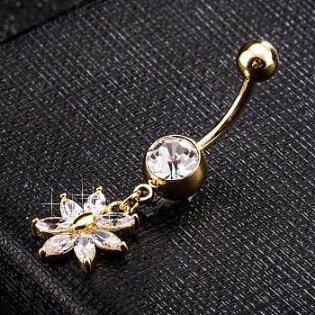 Brass Cubic Zirconia Navel Ring, Belly Rings, with 304 Stainless Steel Bar, Cadmium Free & Lead Free, Real 18K Gold Plated, Flower, Clear, 38x12mm, Bar Length: 3/8"(10mm), Bar: 14 Gauge(1.6mm)