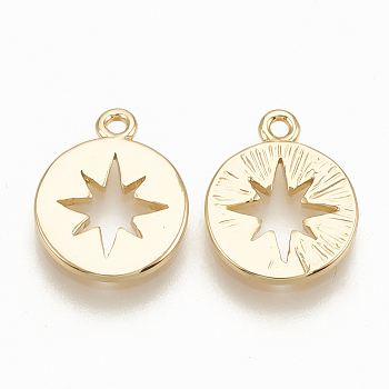 Brass Charms, Flat Round with Star, Nickel Free, Real 18K Gold Plated, 12x9.5x1mm, Hole: 1mm