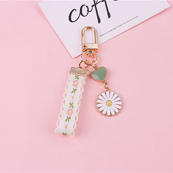 Fashion Flower Heart Alloy Enamel Keychain, Lanyard Lace Ribbon Cute Daisy Pendant Keychain, with Alloy Findings, White, 4.7cm
