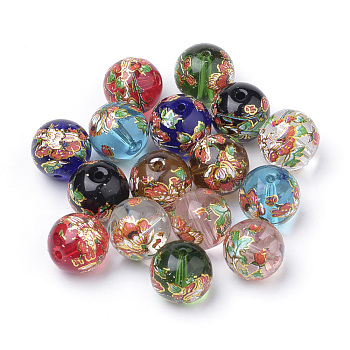 Printed Glass Beads, Round with Flower Pattern, Mixed Color, 10x9mm, Hole: 1.5mm