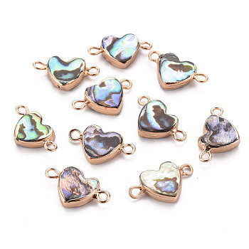 Electroplated Natural Abalone Shell/Paua Links Connectors, with Golden Iron Findings, Heart, 10.5x17.5~18.5x3.5mm, Hole: 1.8mm