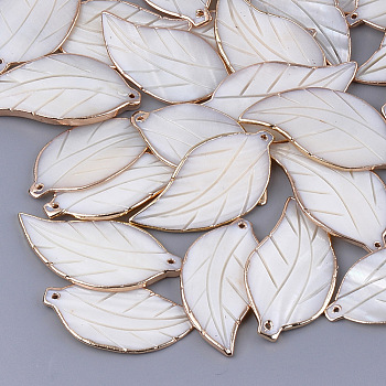 Electroplate Freshwater Shell Pendants, Leaf, Seashell Color, 48x24x2mm, Hole: 1mm