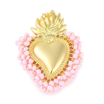 Brass Measle Pendants, Hand Woven Hearts, with Jump Ring, Real 18K Gold Plated, Pearl Pink, 53x40x6mm, Hole: 5mm