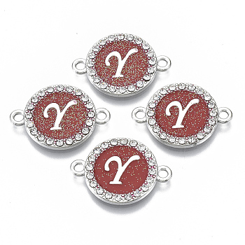 Alloy Enamel Links Connectors, with Crystal Rhinestones, Flat Round with Letter, Silver Color Plated, Letter.Y, 22x16x2mm, Hole: 1.8mm