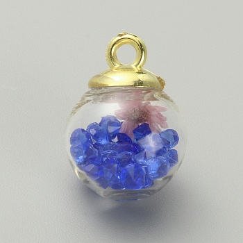Transparent Glass Globe Pendants, with Dried Flower Inside and Golden ABS Plastic Pendant Bails, Round Charms, Royal Blue, 21.5x16mm, Hole: 2.5mm