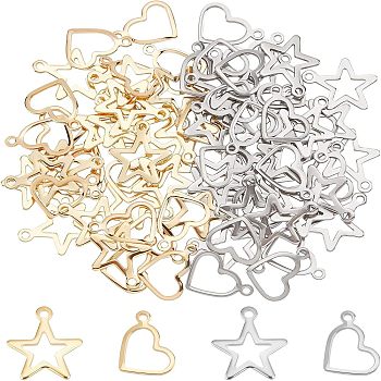 80Pcs 4 Style 304 Stainless Steel Pendants, Cut-Out, Hollow, Mixed Shape, Golden & Stainless Steel Color, 10~15x13~14x0.8~mm, Hole: 1~1.4mm, 20pcs/style