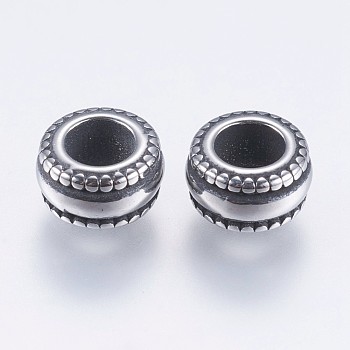 304 Stainless Steel European Beads, Large Hole Beads, Rondelle, Antique Silver, 8x4.5mm, Hole: 4mm