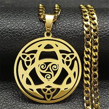 304 Stainless Steel Enamel Necklaces, Flat Round with Trinity Knot Pendant Necklaces, Golden, 23.43 inch(59.5cm)