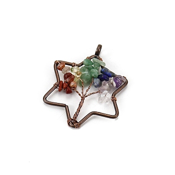 Tree of Life Natural & Synthetic Mixed Gemstone with Metal Wire Wrapped Pendants, Red Copper, Star, 50mm