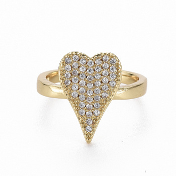 Adjustable Brass Micro Pave Clear Cubic Zirconia Finger Rings, Nickel Free, Heart, Real 16K Gold Plated, US Size 7 1/4(17.5mm)