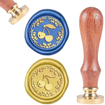 DIY Scrapbook, Brass Wax Seal Stamp and Wood Handle Sets, Cherry, Golden, 8.9x2.5cm, Stamps: 25x14.5mm