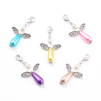 Imitation Pearl Acrylic Pendants, Antique Silver Heart Beads, with Platinum Alloy Lobster Claw Clasps, Angel & Wings, Mixed Color, 34x23.5x7.5mm, Hole: 4x5mm