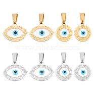 DICOSMETIC 8Pcs 4 Style 304 Stainless Steel Pendants, with Enamel, Mixed Shapes with Evil Eye, Golden & Stainless Steel Color, 12~12.5x10~15x2mm, Hole: 4.5~5x2.5~3mm, 2pcs/style(STAS-DC0010-02)