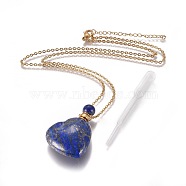 Natural Lapis Lazuli Openable Perfume Bottle Pendant Necklaces, with Stainless Steel Cable Chain and Plastic Dropper, Heart, 50~55cm, Bottle Capacity: 0.15~0.3ml(0.005~0.01 fl. oz), 2mm(G-K295-A02-G)