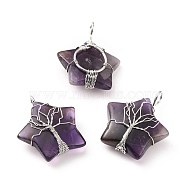Natural Amethyst Pendants, with Platinum Tone Copper Wire Wrapped, Cadmium Free & Lead Free, Star, 34~37.5x29~31x10~12mm, Hole: 5~6mm(G-D458-04P-07-RS)