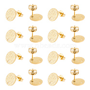 30Pcs 304 Stainless Steel Stud Earring Findings, with Ear Nuts and Hole, Textured Flat Round, Golden, 10x1mm, Hole: 1.4mm, Pin: 1mm(STAS-UN0040-64)