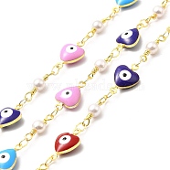 Handmade Eco-friendly Brass Enamel Heart with Evil Eye & Round Glass Link Chain, Real 18K Gold Plated, Lead Free & Cadmium Free, Soldered, with Spool, Colorful, 13.5x8x4mm(CHC-I045-12G)