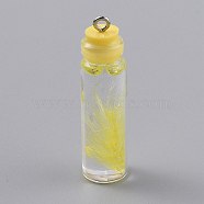 Transparent Glass Bottle Pendant Decorations, with Feather Inside and Plastic Stopper, Yellow, 41x11mm, Hole: 2mm(EGLA-B002-01A)