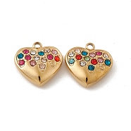 Vacuum Plating 201 Stainless Steel Charms, Colorful Rhinestone Heart, Real 18K Gold Plated, 12.5x12.5x4mm, Hole: 1.5mm(STAS-J401-VC698)