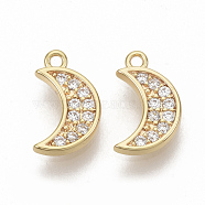 Brass Micro Pave Cubic Zirconia Charms, Nickel Free, Moon, Clear, Real 18K Gold Plated, 11x6.5x1.5mm, Hole: 1mm(KK-T050-30G-NF)