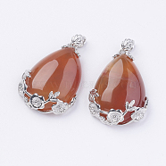 Teardrop with Flower Platinum Plated Brass Natural Red Agate Pendants, Cadmium Free & Lead Free, 38x27x9mm, Hole: 4x7.5mm(G-F228-37A-RS)