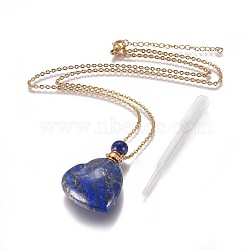 Natural Lapis Lazuli Openable Perfume Bottle Pendant Necklaces, with Stainless Steel Cable Chain and Plastic Dropper, Heart, 50~55cm, Bottle Capacity: 0.15~0.3ml(0.005~0.01 fl. oz), 2mm(G-K295-A02-G)