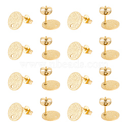 30Pcs 304 Stainless Steel Stud Earring Findings, with Ear Nuts and Hole, Textured Flat Round, Golden, 10x1mm, Hole: 1.4mm, Pin: 1mm(STAS-UN0040-64)