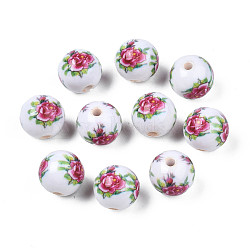 Opaque Printed Acrylic Beads, Round with Flower Pattern, White, 9x9.5mm, Hole: 1.8mm(MACR-T043-02G-02)