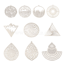 40Pcs 10 Style 201 Stainless Steel Filigree Pendants, Etched Metal Embellishments, Drop & Dress & Flat Round & Triangle, Stainless Steel Color, 30~50x28~51x0.2~0.3mm, Hole: 1~1.6mm, 4pcs/style(STAS-FW0001-26)