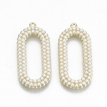 Alloy Pendants, with ABS Plastic Imitation Pearl, Cadmium Free & Lead Free, Oval, Light Gold, 32x15x2.5mm, Hole: 1.2mm
